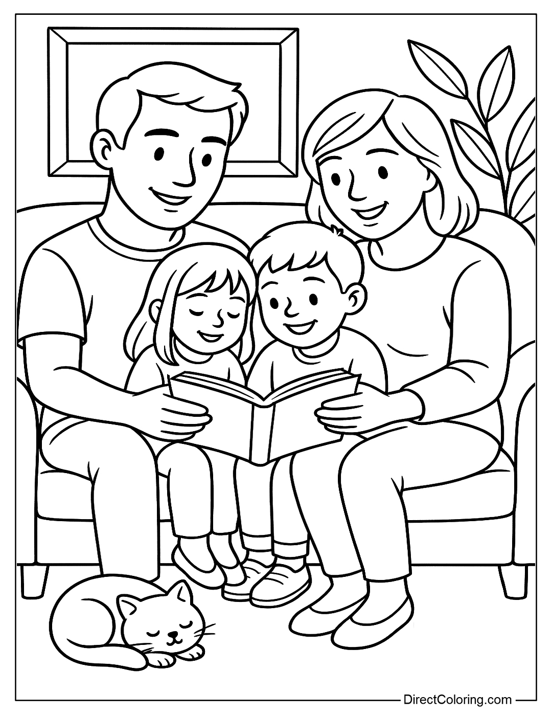 coloring page A family of people reading together on the sofa, with a cat lying at their feet.